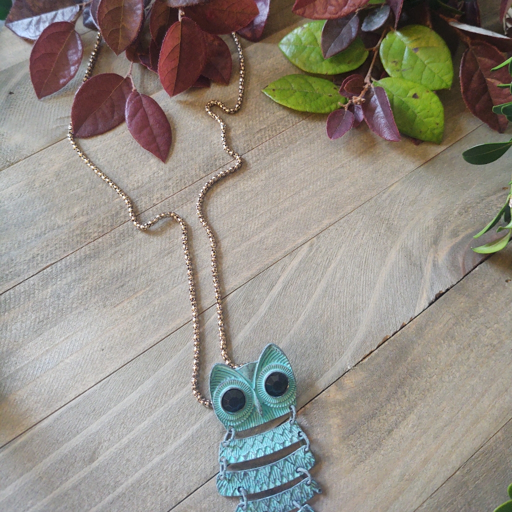 Envy Brass Oxidized Gold-Green Owl. 26-29 Inches